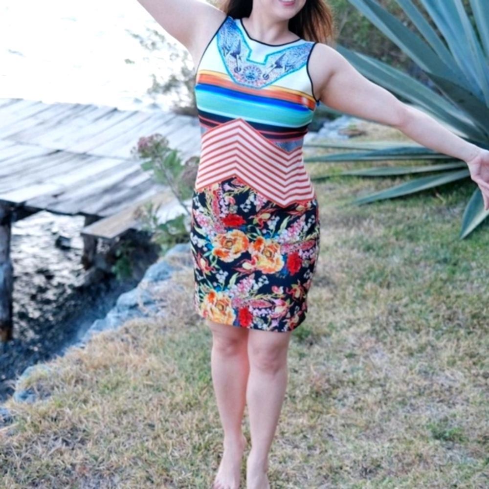 Clover Canyon sz L Signature Neoprene Scuba Sheath Geo Abstract dress